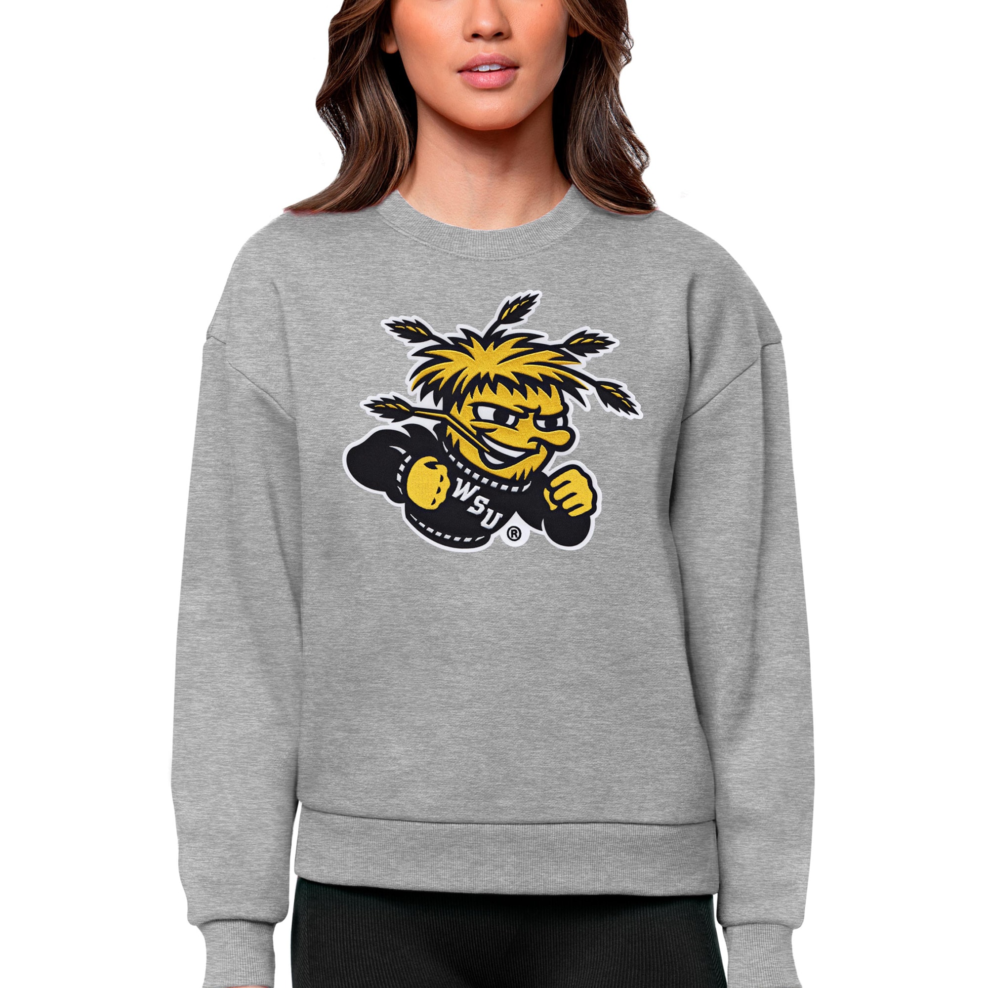 Women's Antigua Heather Gray Wichita State Shockers Victory Crewneck Pullover Sweatshirt